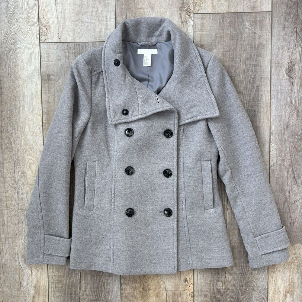 H&M Womens Gray Double Breasted Peacoat Jacket Sz 8 Classic Tailored Fit Capsule - Picture 4 of 14